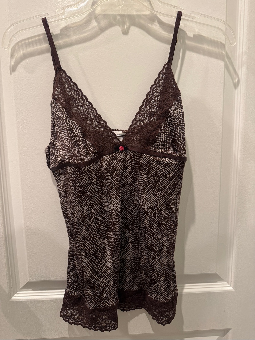Lace-Trim Brown Animal-Print Chemise top with Adjustable Straps